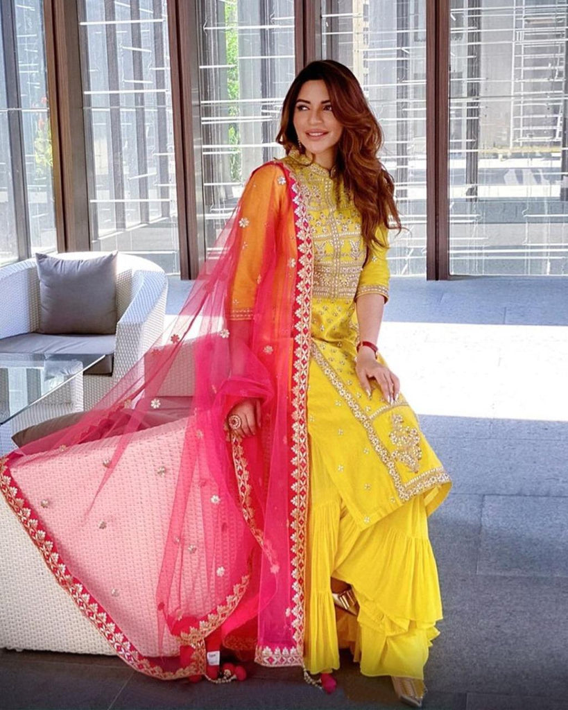 Buy Indian Suits - Pink And Yellow Designer Embroidery Palazzo Suit